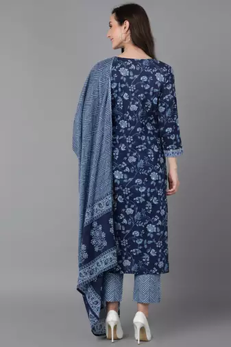 Ahika blue printed cotton blend styles women's kurta trousers with dupatta
