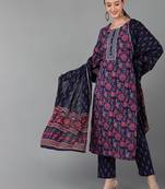 navy blue printed cotton blend styles women's kurta trousers with dupatta