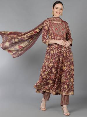 brown printed pure cotton styles women's kurta trousers with dupatta 1