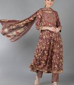 brown printed pure cotton styles women's kurta trousers with dupatta