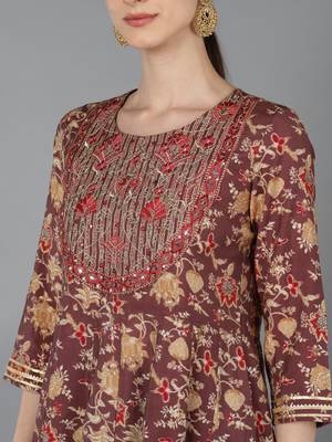 brown printed pure cotton styles women's kurta trousers with dupatta 2