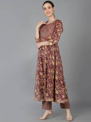 brown printed pure cotton styles women's kurta trousers with dupatta 3