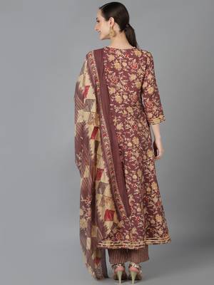 brown printed pure cotton styles women's kurta trousers with dupatta 4