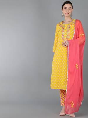 yellow printed pure cotton styles women's kurta trousers with dupatta 1