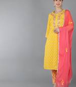 yellow printed pure cotton styles women's kurta trousers with dupatta