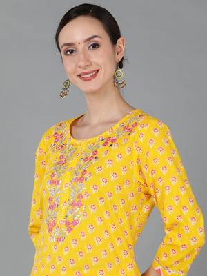 yellow printed pure cotton styles women's kurta trousers with dupatta 2