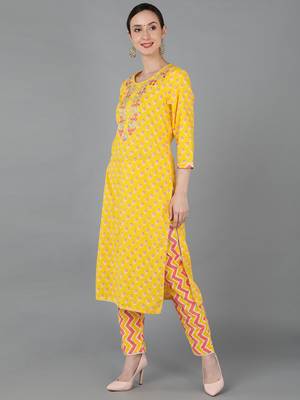 yellow printed pure cotton styles women's kurta trousers with dupatta 3