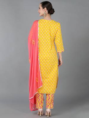 yellow printed pure cotton styles women's kurta trousers with dupatta 4