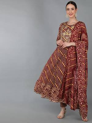 Ahika maroon embroidered pure cotton styles women's kurta trousers with dupatta 1