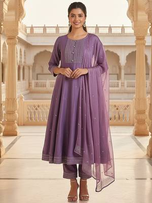 Lilac Silk Blend Silver Thread Work Kurti Set 1
