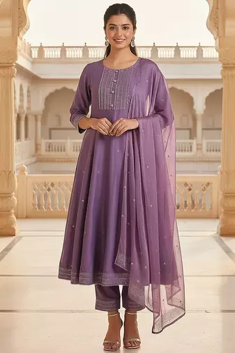 Lilac Silk Blend Silver Thread Work Kurti Set