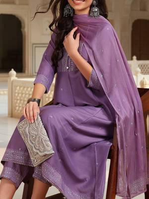 Lilac Silk Blend Silver Thread Work Kurti Set 2