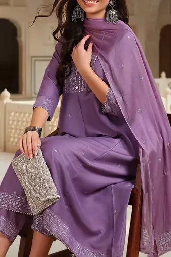 Lilac Silk Blend Silver Thread Work Kurti Set