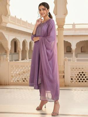 Lilac Silk Blend Silver Thread Work Kurti Set 3