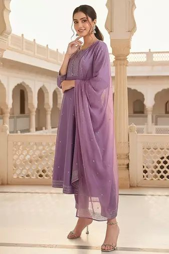Lilac Silk Blend Silver Thread Work Kurti Set