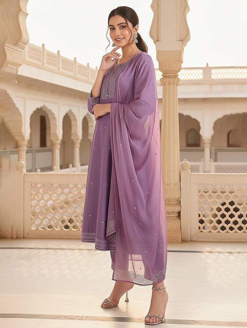 Lilac Silk Blend Silver Thread Work Kurti Set