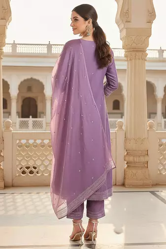 Lilac Silk Blend Silver Thread Work Kurti Set