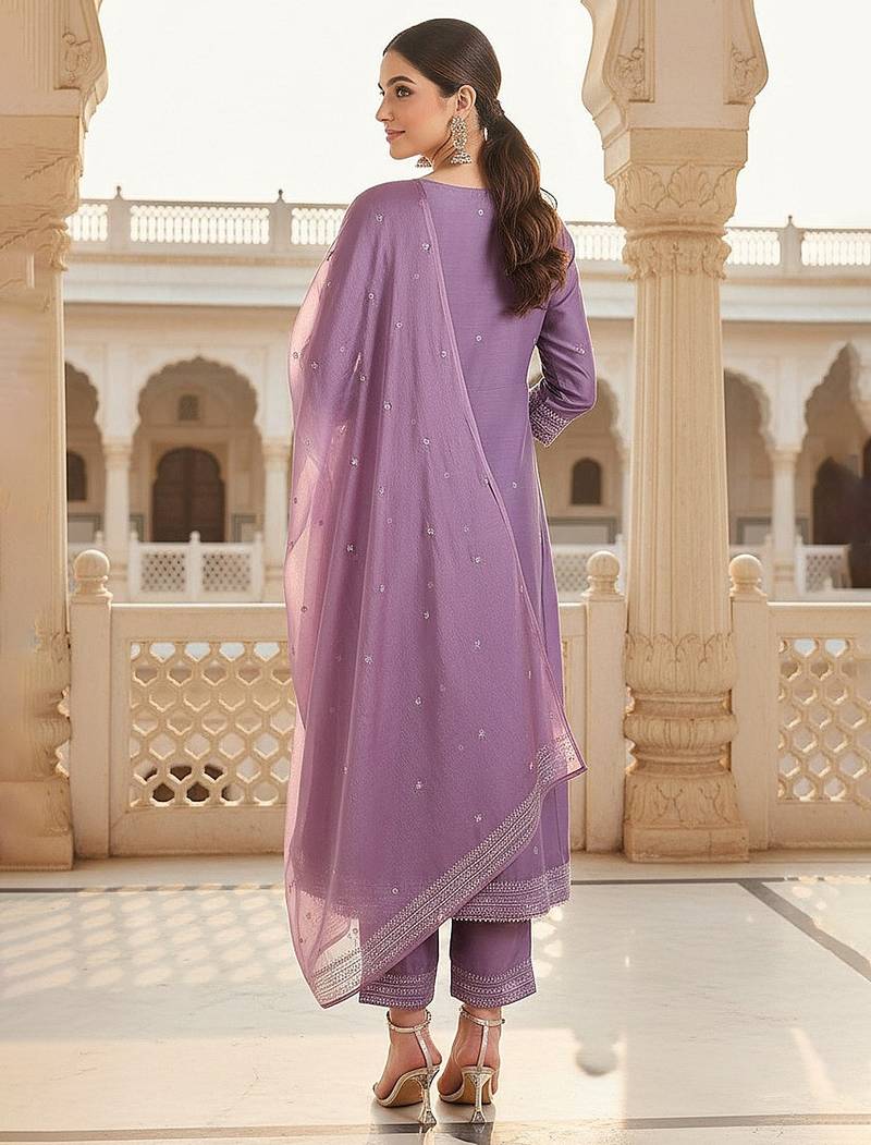 Lilac Silk Blend Silver Thread Work Kurti Set