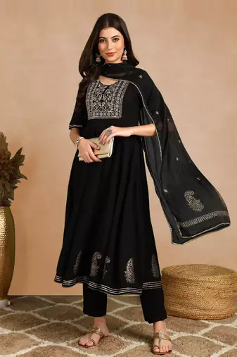 black yoke design silk blend styles women's kurta trousers with dupatta