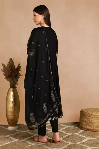 black yoke design silk blend styles women's kurta trousers with dupatta