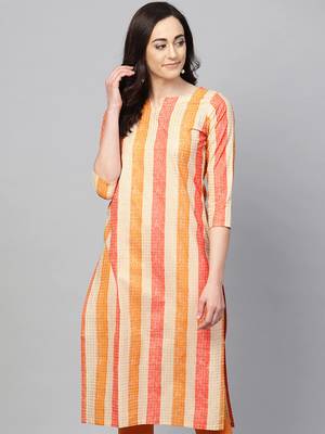 women orange cotton checked printed straight kurta 1