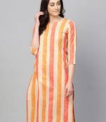 women orange cotton checked printed straight kurta