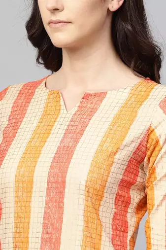 women orange cotton checked printed straight kurta