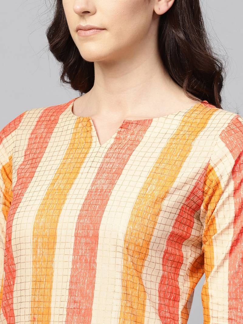 women orange cotton checked printed straight kurta