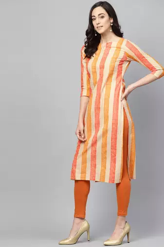women orange cotton checked printed straight kurta