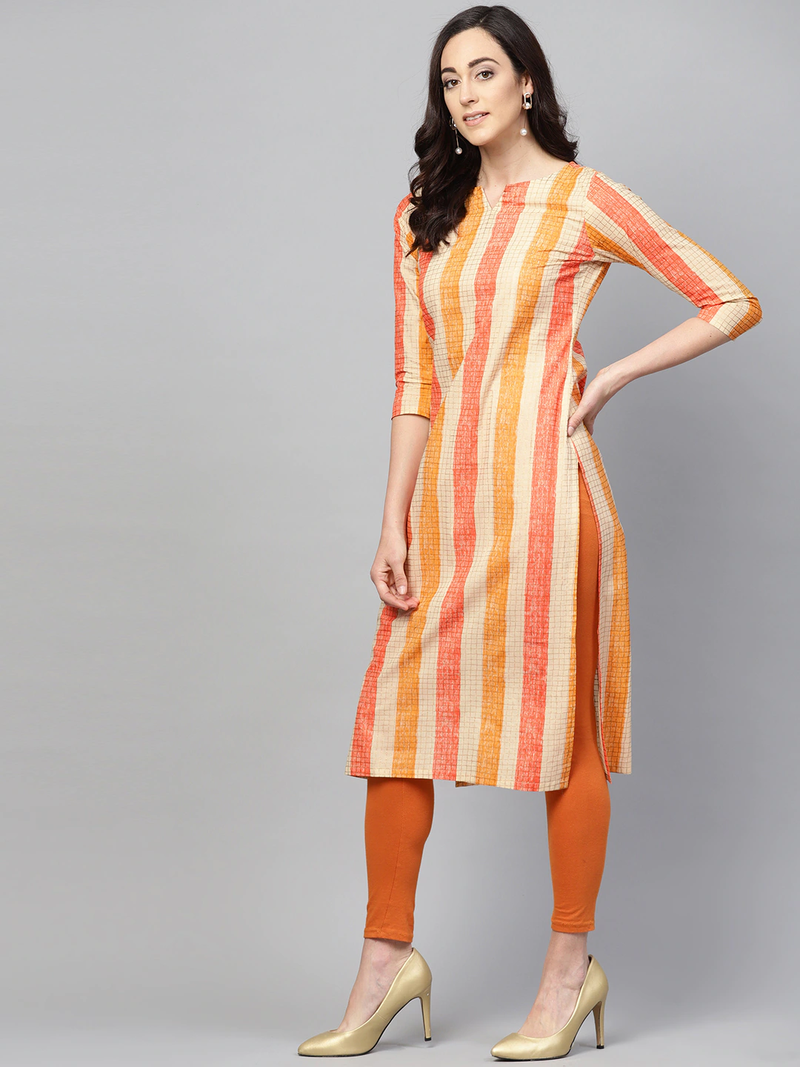 women orange cotton checked printed straight kurta