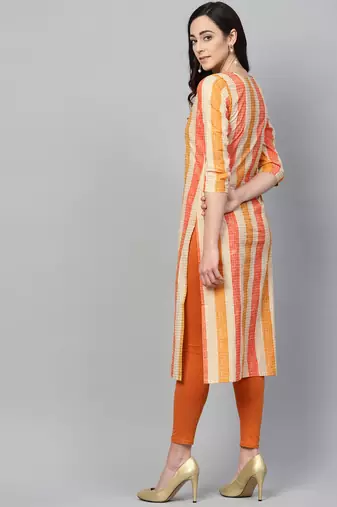 women orange cotton checked printed straight kurta