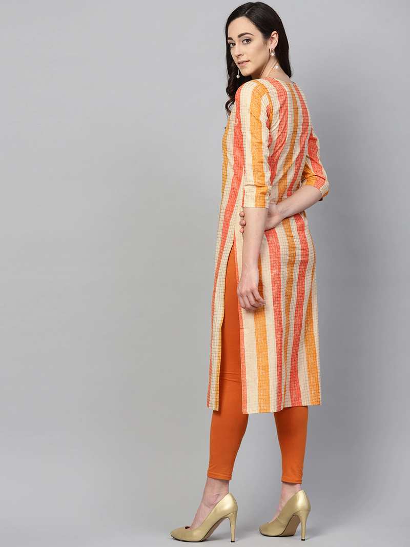 women orange cotton checked printed straight kurta