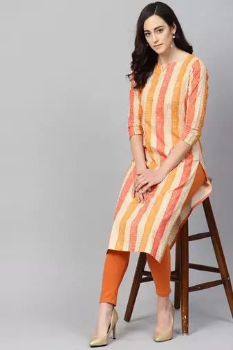 women orange cotton checked printed straight kurta
