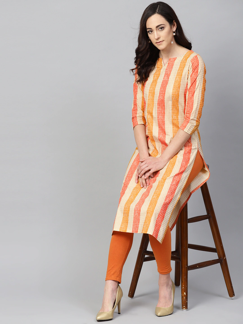 women orange cotton checked printed straight kurta