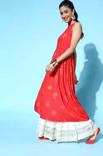 Red Cotton Geometeric Printed Kurti