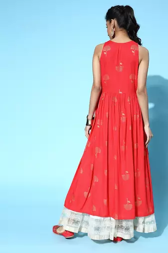 Red Cotton Geometeric Printed Kurti