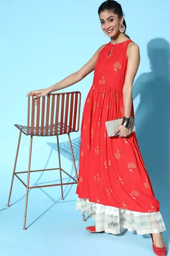 Red Cotton Geometeric Printed Kurti