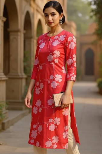 women pink cotton floral printed straight kurta