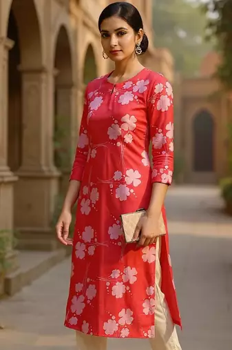 women pink cotton floral printed straight kurta