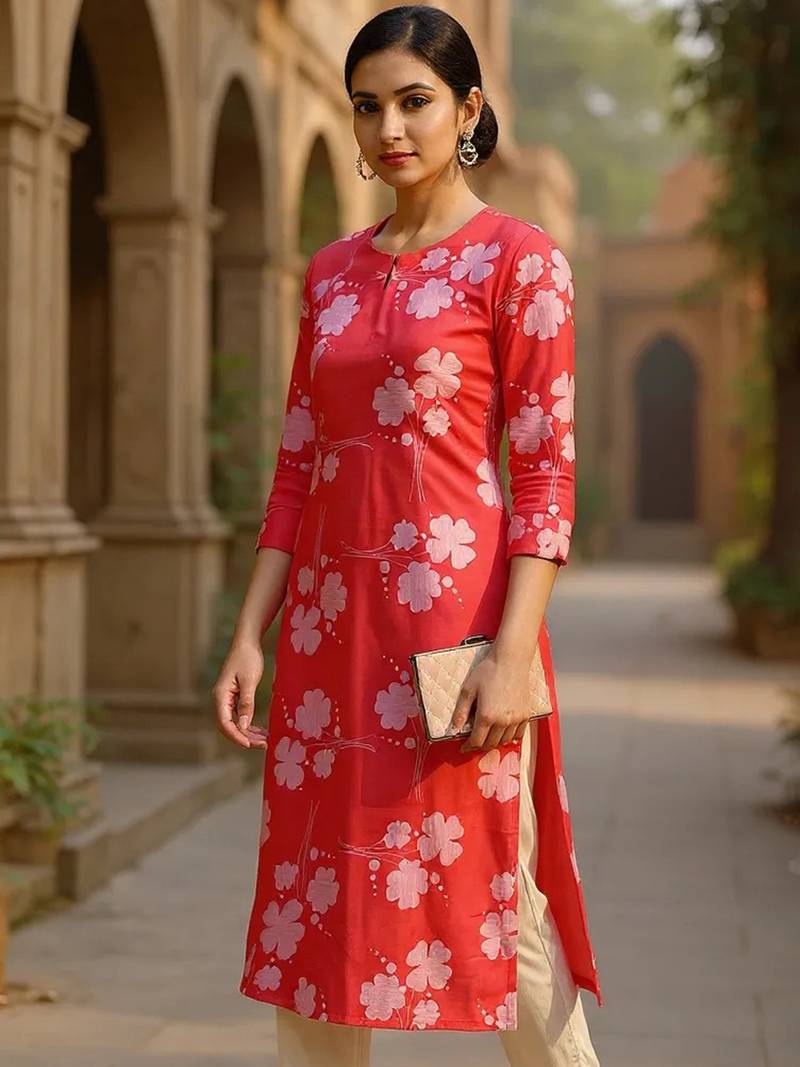 women pink cotton floral printed straight kurta