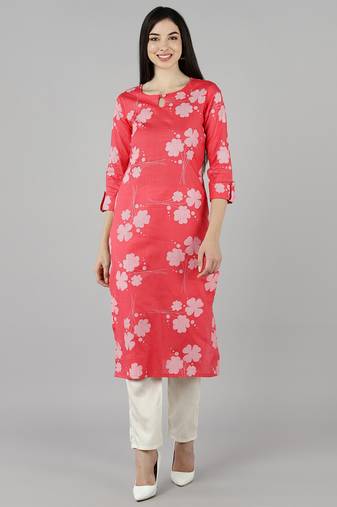 women pink cotton floral printed straight kurta