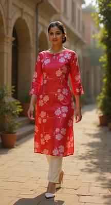 women pink cotton floral printed straight kurta 2