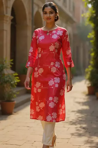 women pink cotton floral printed straight kurta