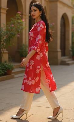 women pink cotton floral printed straight kurta 3