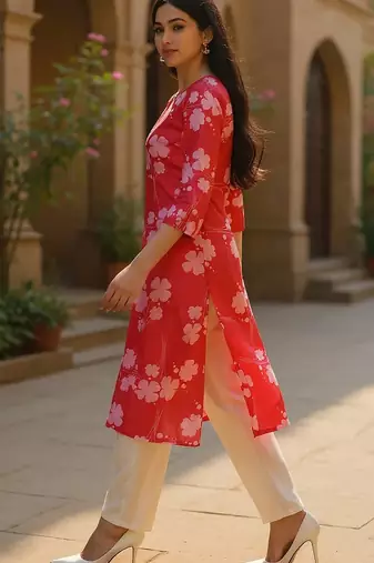 women pink cotton floral printed straight kurta