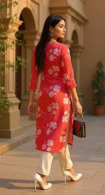 women pink cotton floral printed straight kurta 4