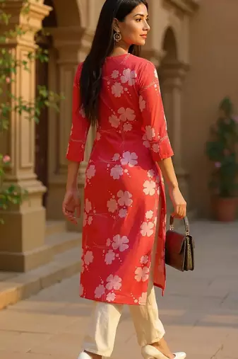 women pink cotton floral printed straight kurta