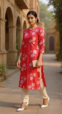 women pink cotton floral printed straight kurta 5