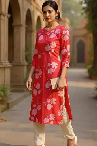women pink cotton floral printed straight kurta