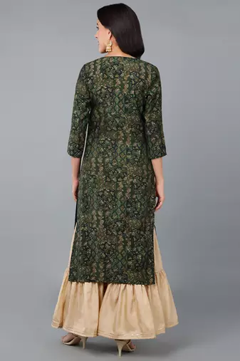 women green silk blend ethnic motifs embroidered straight kurta